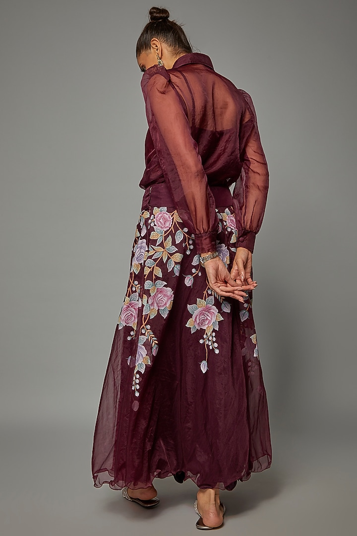Dark Wine Organza Silk Printed Skirt Set by Priyanka Jha at Pernia's Pop Up Shop
