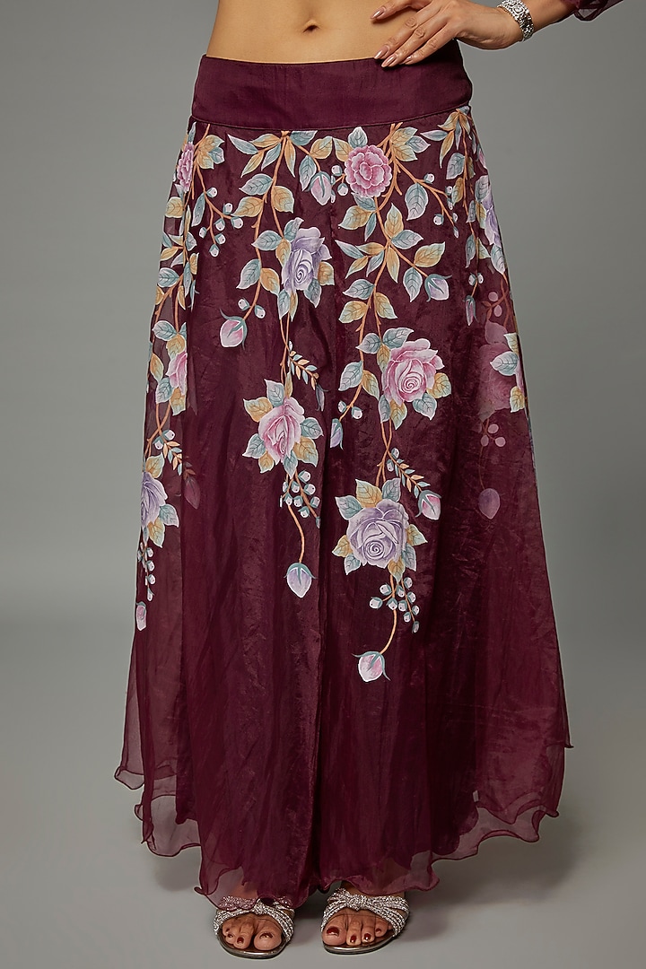 Dark Wine Organza Silk Printed Skirt Set by Priyanka Jha at Pernia's Pop Up Shop