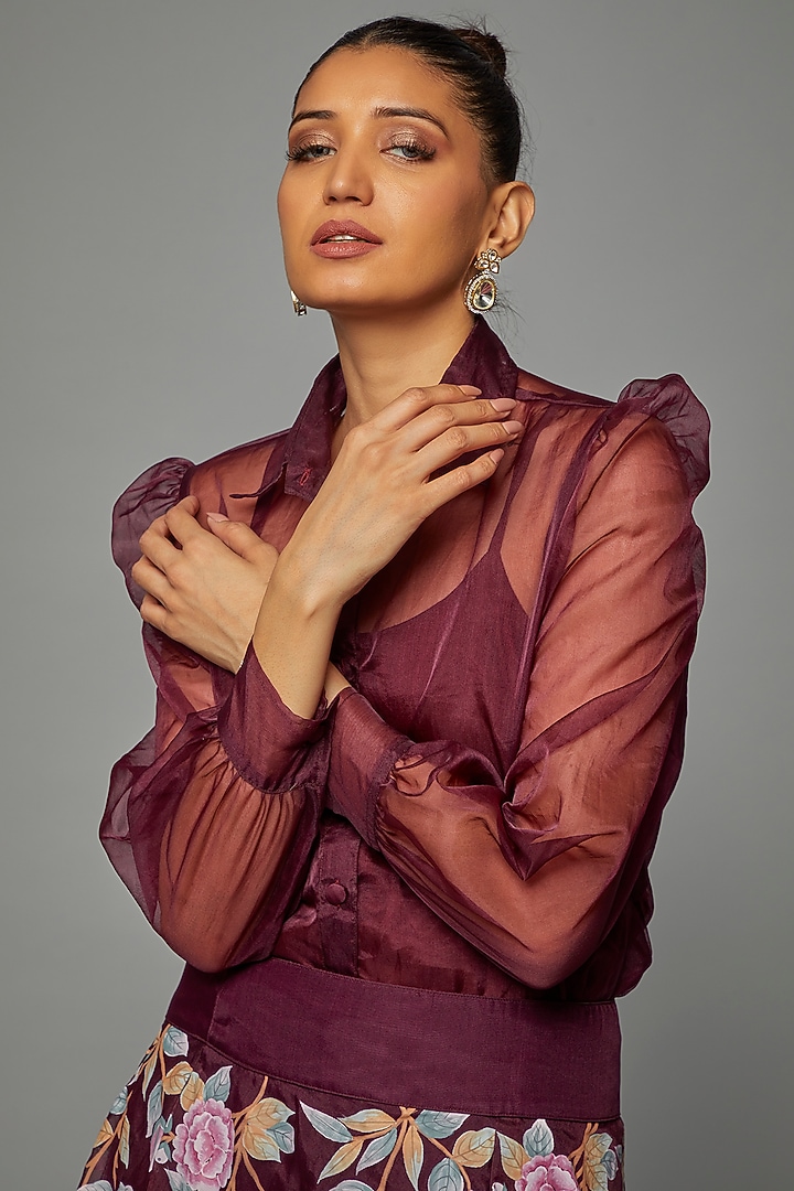 Dark Wine Organza Silk Printed Skirt Set by Priyanka Jha at Pernia's Pop Up Shop