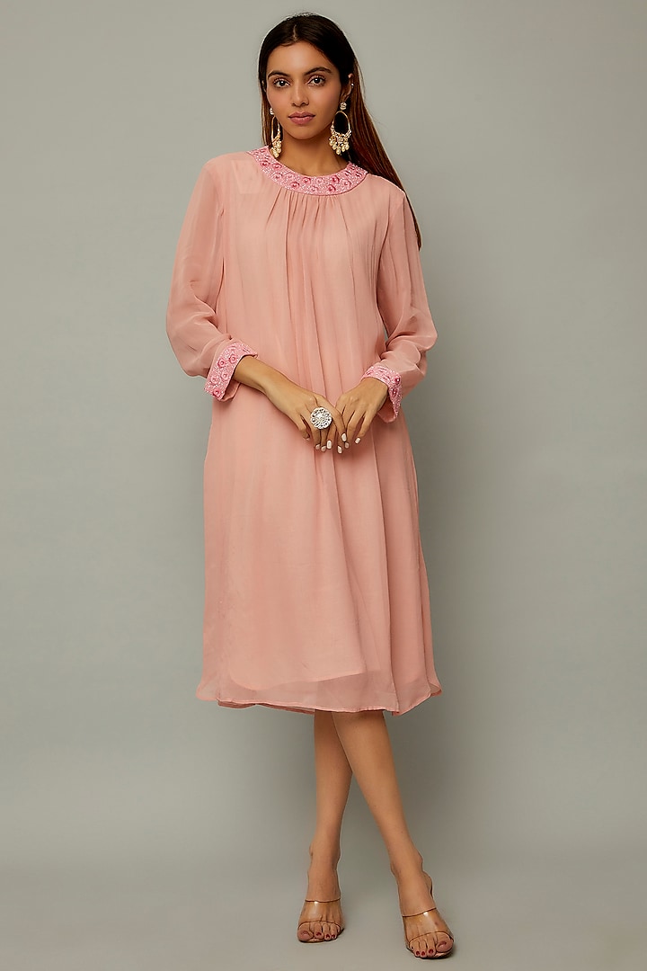 Baby Pink Pure Georgette Embroidered Tunic by Priyanka Jha