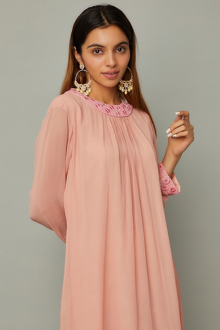 Baby Pink Pure Georgette Embroidered Tunic by Priyanka Jha at Pernia's Pop Up Shop