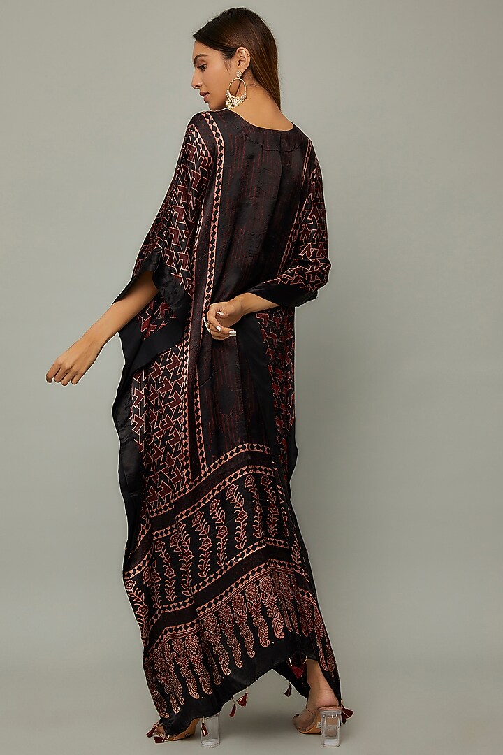 Black Modal Silk Printed & Embroidered Kaftan by Priyanka Jha at Pernia's Pop Up Shop