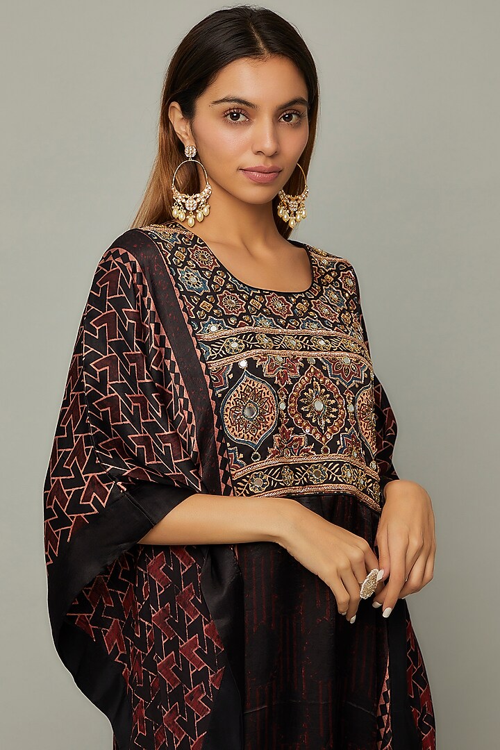 Black Modal Silk Printed & Embroidered Kaftan by Priyanka Jha at Pernia's Pop Up Shop