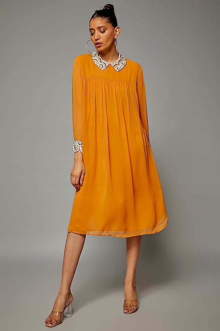 Yellow Georgette Embroidered Tunic Vacation Dress by Priyanka Jha at Pernia's Pop Up Shop