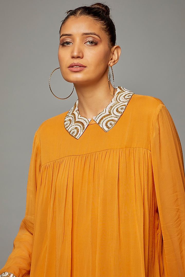 Yellow Georgette Embroidered Tunic Vacation Dress by Priyanka Jha at Pernia's Pop Up Shop