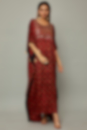 Red Modal Silk Printed & Embroidered Kaftan by Priyanka Jha at Pernia's Pop Up Shop