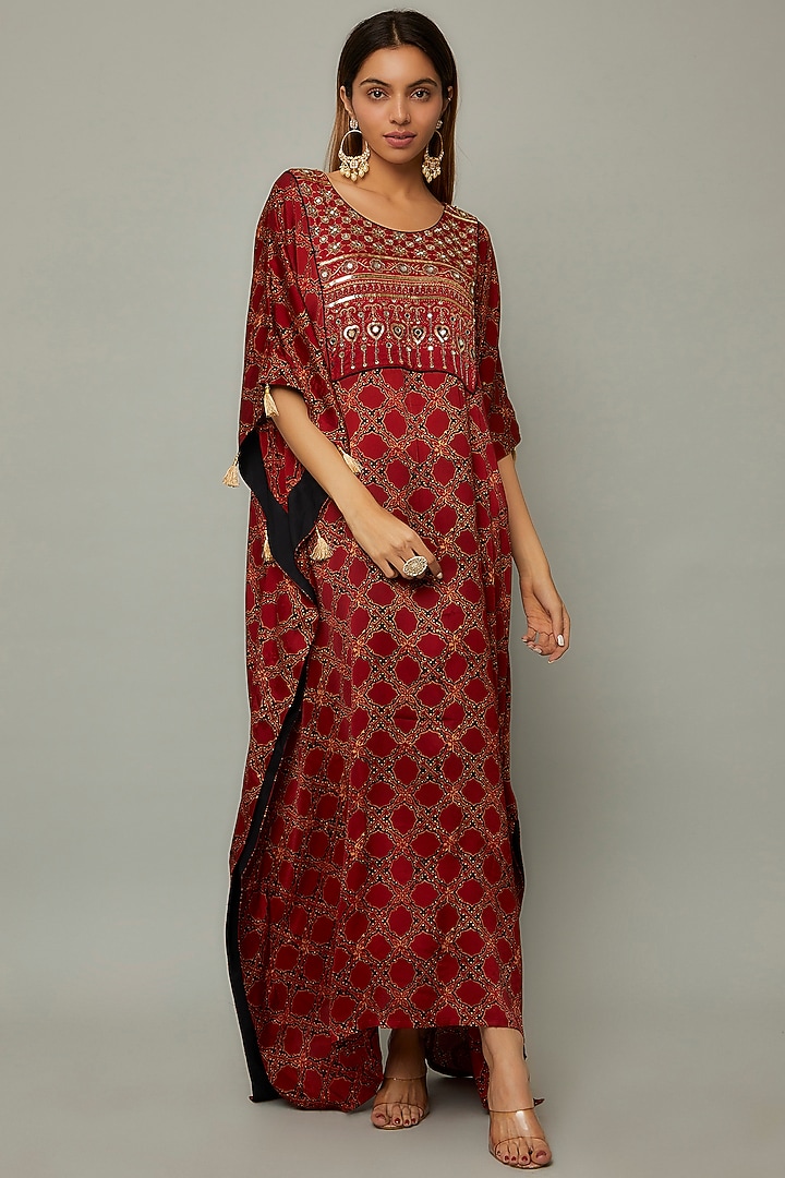 Red Modal Silk Printed & Embroidered Kaftan by Priyanka Jha at Pernia's Pop Up Shop