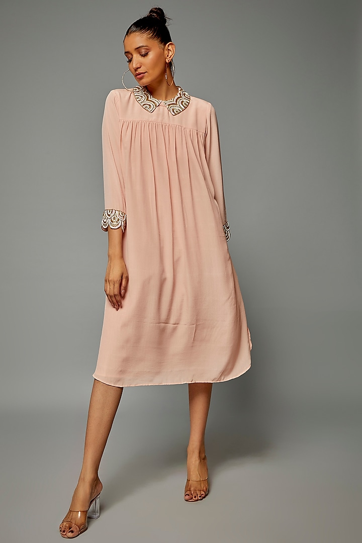 Pink Georgette Embroidered Tunic Dress by Priyanka Jha