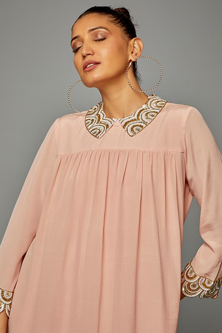 Pink Georgette Embroidered Tunic Vacation Dress by Priyanka Jha at Pernia's Pop Up Shop