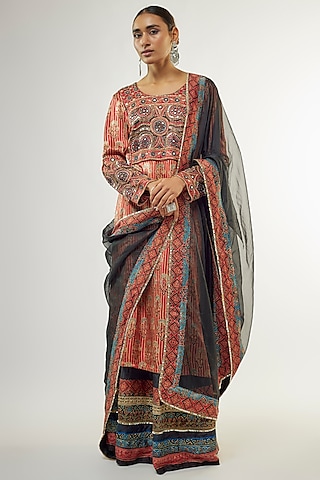 Rusty Red Silk Hand-Block Ajrakh Printed Kurta Set by Priyanka Jha