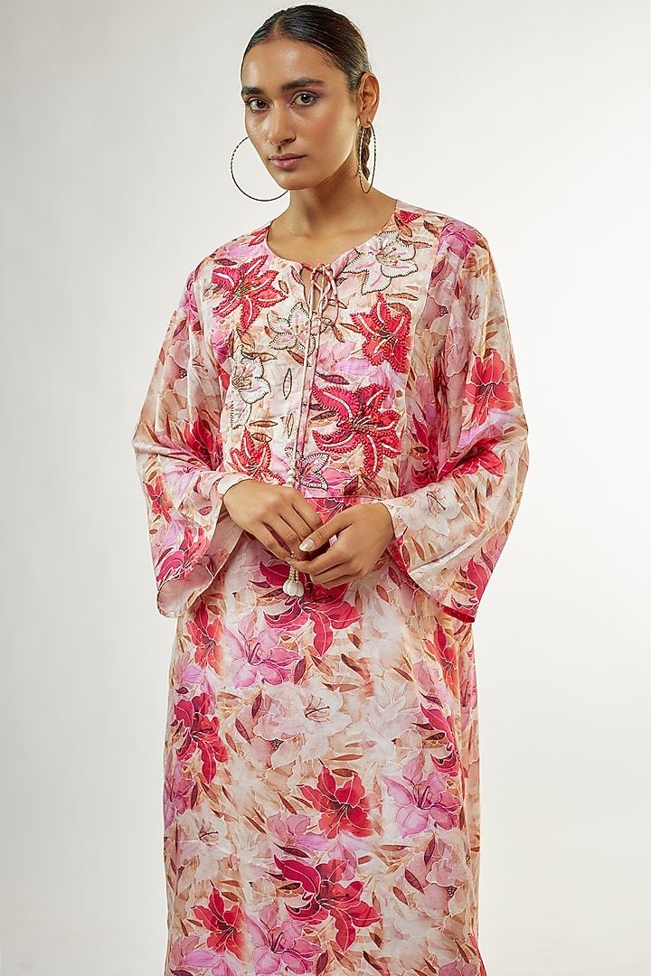 Multi-Colored Muslin Silk Printed & Hand Embroidered Tunic Set by Priyanka Jha at Pernia's Pop Up Shop