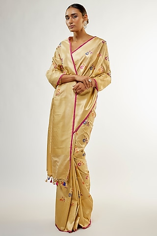 Beige Vegan Silk Meena & Boota Work Banarasi Saree Set by Priyanka Jha