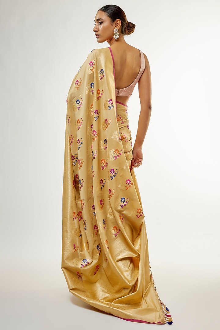 Beige Vegan Silk Meena & Boota Work Banarasi Party Wear Saree Set by Priyanka Jha at Pernia's Pop Up Shop