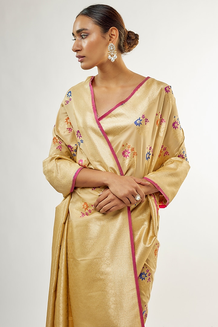Beige Vegan Silk Meena & Boota Work Banarasi Party Wear Saree Set by Priyanka Jha at Pernia's Pop Up Shop