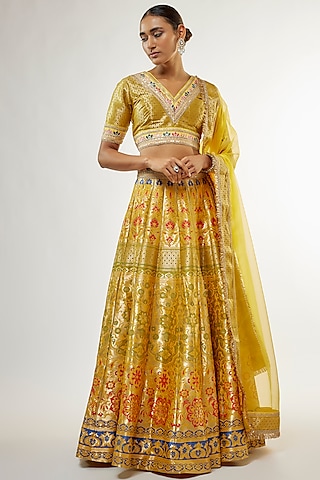 Yellow Banarasi Silk Lehenga Set by Priyanka Jha