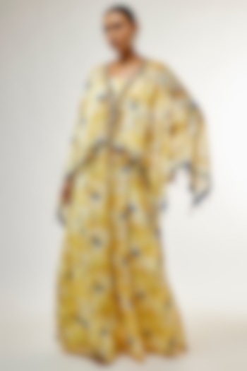 Lemon Yellow Georgette Printed Jumpsuit With Cape by Priyanka Jha