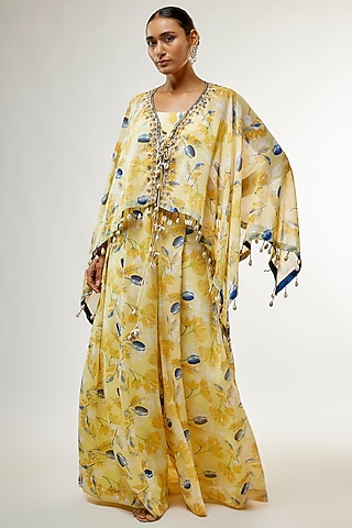 Lemon Yellow Georgette Printed Jumpsuit With Cape by Priyanka Jha