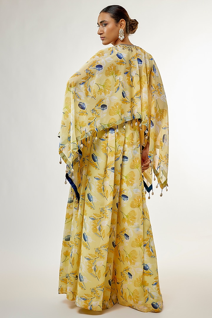 Lemon Yellow Georgette Printed Jumpsuit With Cape by Priyanka Jha at Pernia's Pop Up Shop