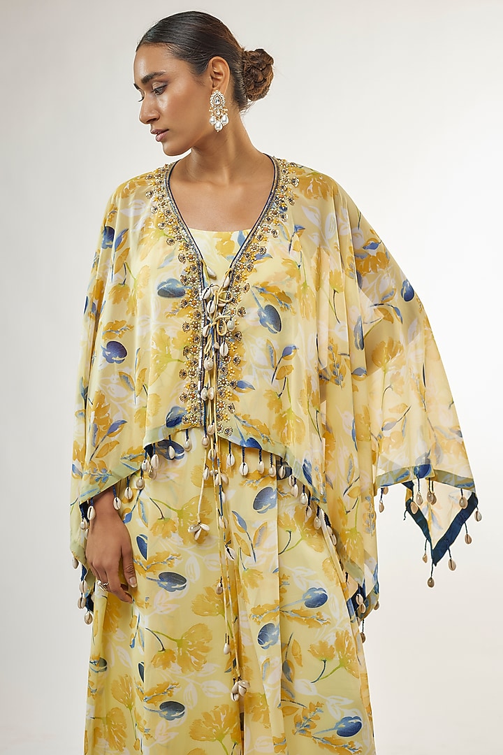 Lemon Yellow Georgette Printed Jumpsuit With Cape by Priyanka Jha at Pernia's Pop Up Shop