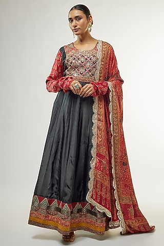 Black & Red Silk Patchwork Hand Embroidered Anarkali Set by Priyanka Jha