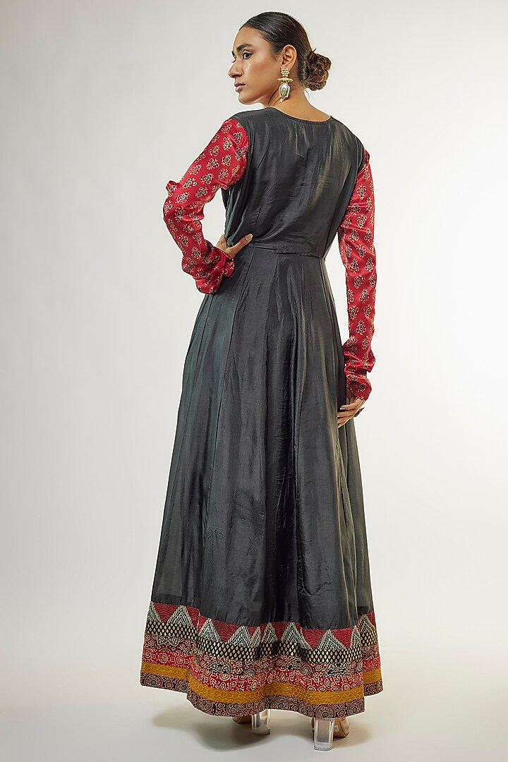 Black & Red Silk Patchwork Hand Embroidered Party Wear Anarkali Set by Priyanka Jha at Pernia's Pop Up Shop