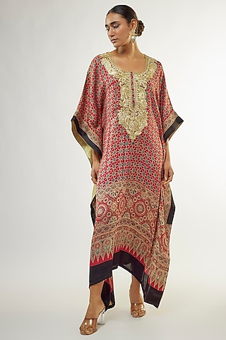 Red Modal Silk Ajrakh Hand Block Printed Kaftan by Priyanka Jha