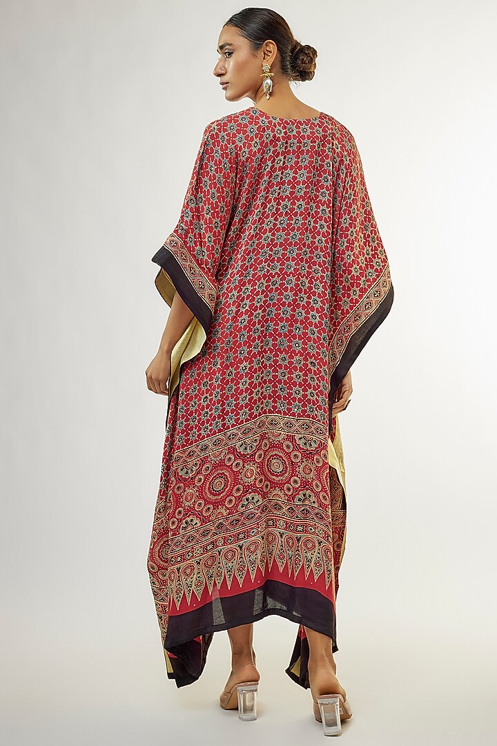 Red Modal Silk Ajrakh Hand Block Printed Kaftan by Priyanka Jha at Pernia's Pop Up Shop