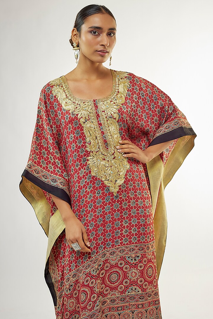 Red Modal Silk Ajrakh Hand Block Printed Kaftan by Priyanka Jha at Pernia's Pop Up Shop