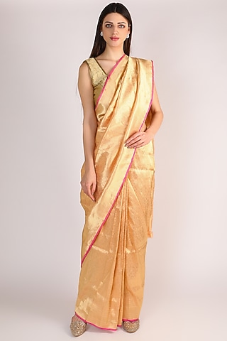 Golden Katan Silk Banarasi Saree Set by Priyanka Jha