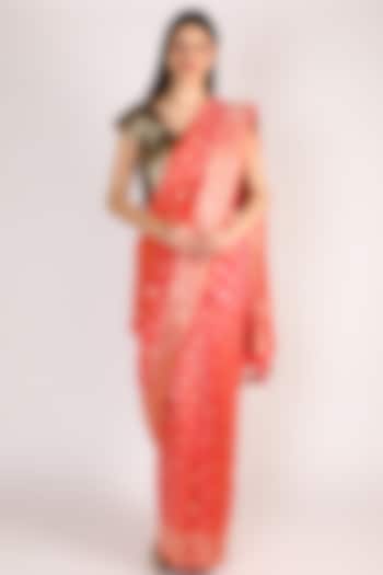 Pink & Golden Handwoven Katan Banarasi Silk Saree Set by Priyanka Jha