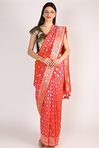 Pink & Golden Handwoven Katan Banarasi Silk Saree Set by Priyanka Jha