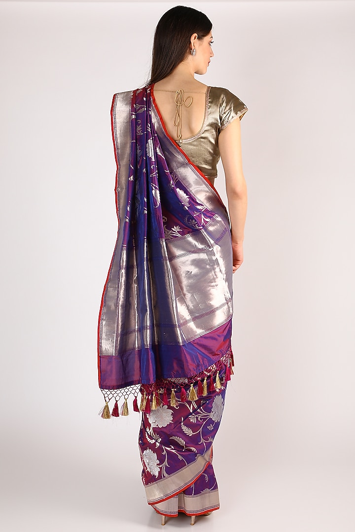 Purple & Golden Handwoven Katan Banarasi Silk Wedding Saree Set by Priyanka Jha at Pernia's Pop Up Shop