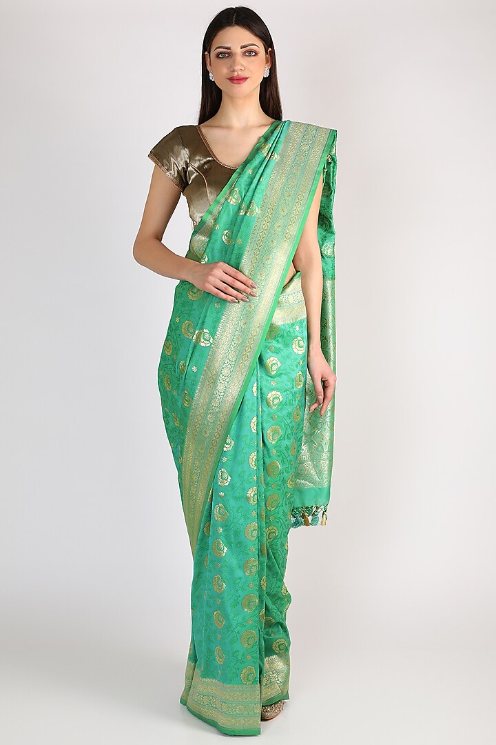 Sea Green & Golden Handwoven Blended Banarasi Silk Saree Set by Priyanka Jha