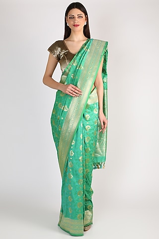 Sea Green & Golden Handwoven Blended Banarasi Silk Saree Set by Priyanka Jha