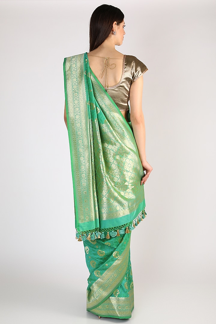 Sea Green & Golden Handwoven Blended Banarasi Silk Party Wear Saree Set by Priyanka Jha at Pernia's Pop Up Shop