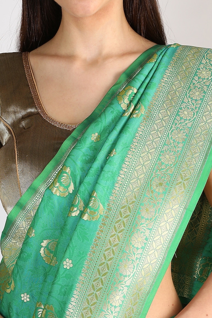 Sea Green & Golden Handwoven Blended Banarasi Silk Party Wear Saree Set by Priyanka Jha at Pernia's Pop Up Shop
