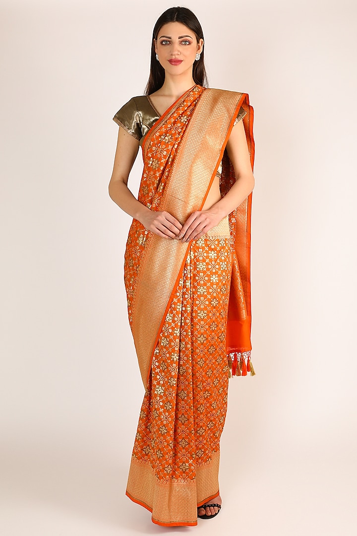 Orange & Golden Banarasi Saree Set by Priyanka Jha