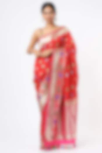 Red Soft Silk Banarasi Boota Woven Saree Set by Priyanka Jha