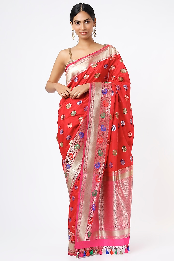 Red Soft Silk Banarasi Boota Woven Saree Set by Priyanka Jha
