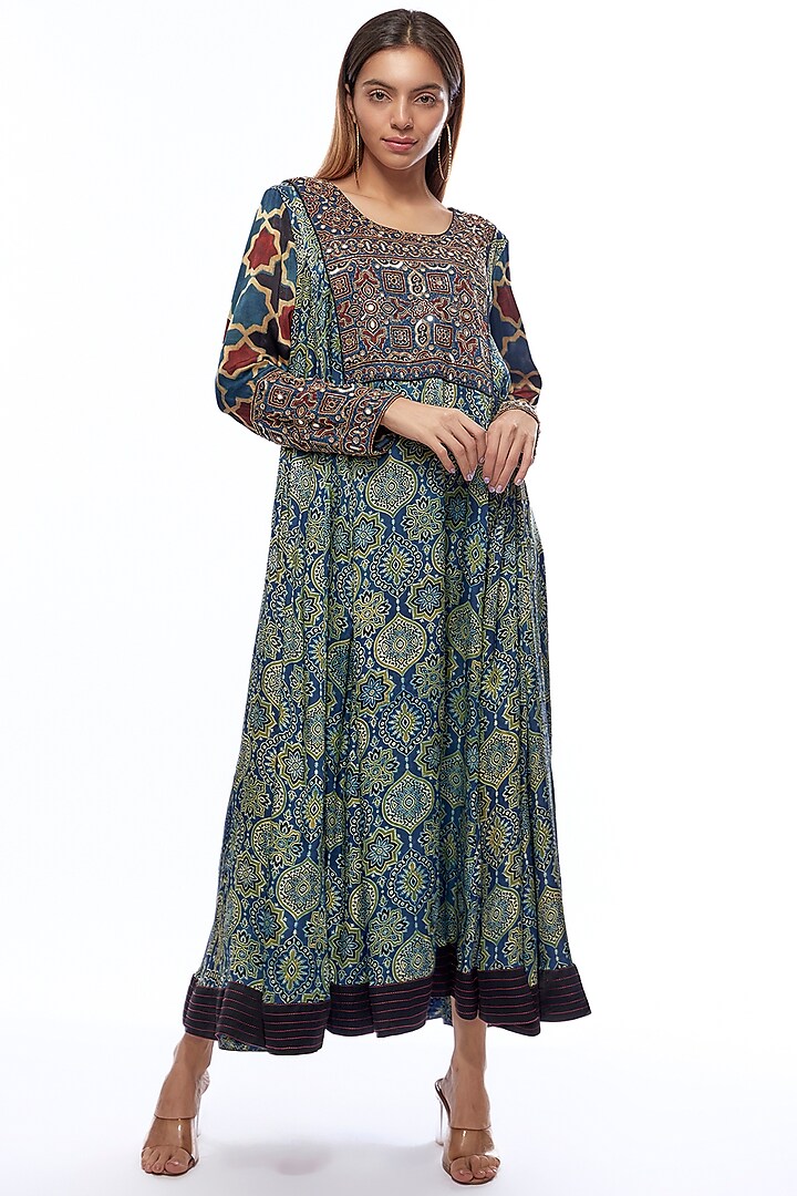 Multi-Colored Modal Silk Printed & Embroidered Tunic by Priyanka Jha