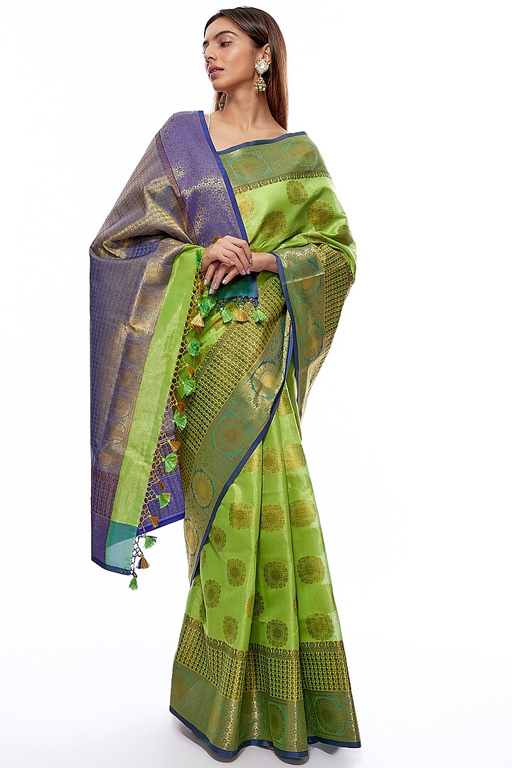 Lime Green & Purple Cotton Silk Tissue Banarasi Saree Set by Priyanka Jha