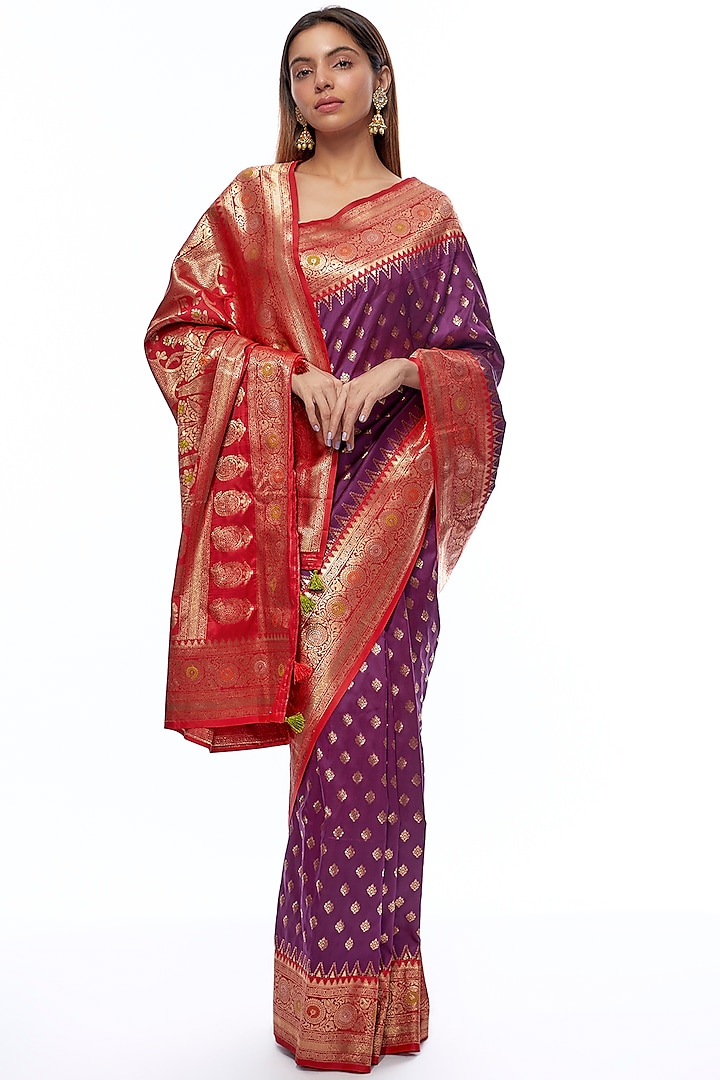 Magenta & Red Silk Banarasi Saree Set by Priyanka Jha