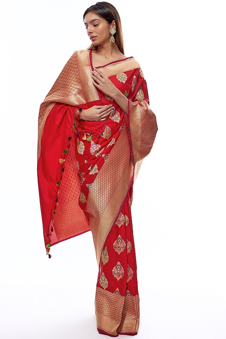 Red Silk Banarasi Saree Set by Priyanka Jha