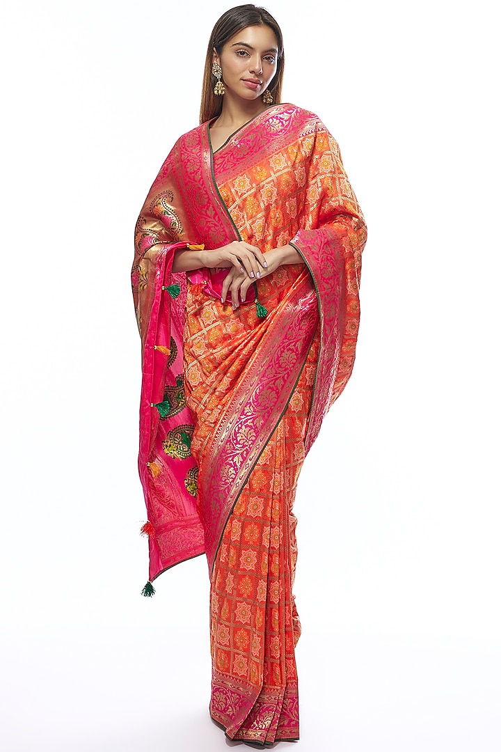 Orange & Pink Silk Banarasi Saree Set by Priyanka Jha