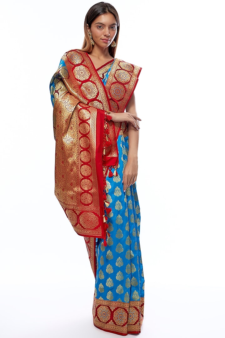 Turquoise Blue & Red Silk Banarasi Saree Set by Priyanka Jha