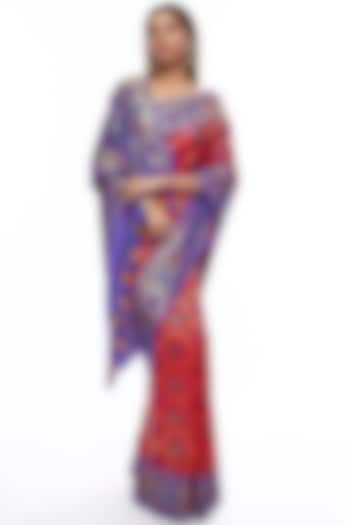 Blue & Red Silk Banarasi Saree Set by Priyanka Jha