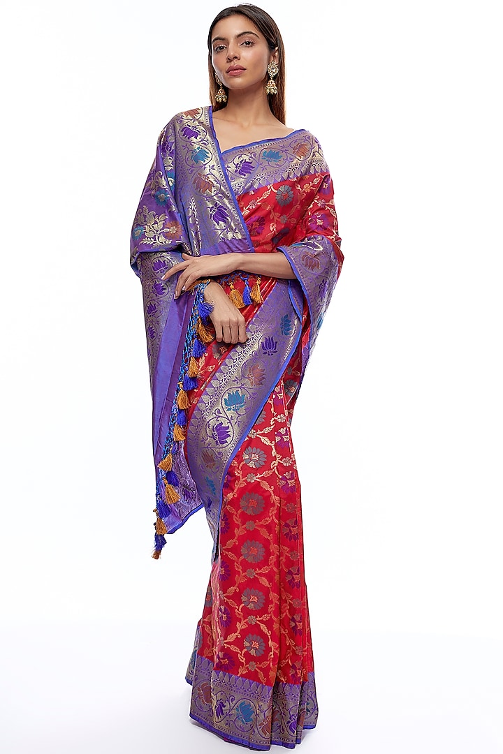 Blue & Red Silk Banarasi Saree Set by Priyanka Jha