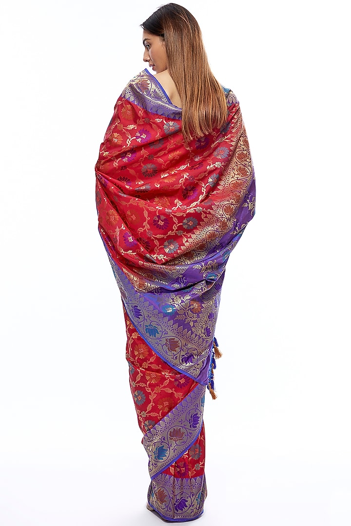 Blue & Red Silk Banarasi Party Wear Saree Set by Priyanka Jha at Pernia's Pop Up Shop