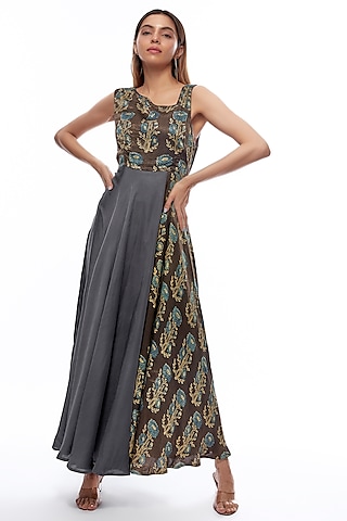 Grey Modal Silk Hand Block Printed Dress by Priyanka Jha