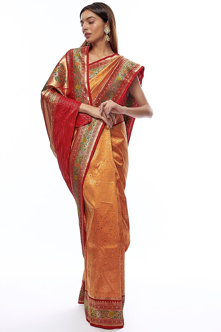 Orange & Red Silk Banarasi Saree Set by Priyanka Jha